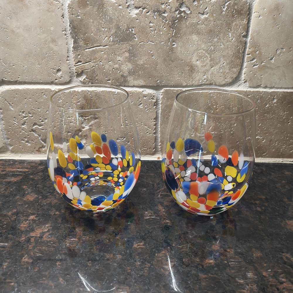 2 Pier 1 Confetti Kaleidoscope Stemless Wine Glasses Hand Blown 4 3/4" Tall